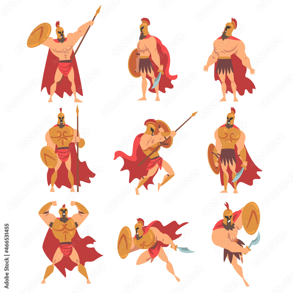 Poster spartan man in red cloak and helmet armed with spear and shield standing and attacking vector set