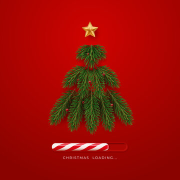 Realistic fir tree made of branches decorated with star and red balls. Christmas is loading. New year concept card illustration on red background