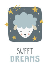 Cute little lamb head in stars. Sweet dreams text. Print for poster, apparel, fabric, paper, card, postcard, notes, nursery.