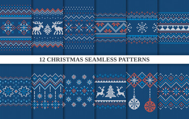 Knit seamless patterns. Christmas print. Set Xmas winter geometric background. Blue knitted sweater texture. Holiday fair isle traditional ornament. Festive crochet. Wool pullover. Vector illustration