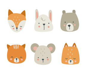 Cute scandinavian style collection of animals head. Simple doodle set of animal faces. Sticker bundle.