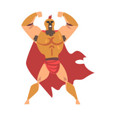 Spartan Man in Red Cloak and Helmet Standing with Raised Arms Vector Illustration