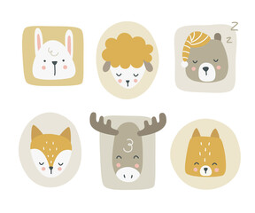 Cute scandinavian animal head set. Doodle collection of nursery sticker.