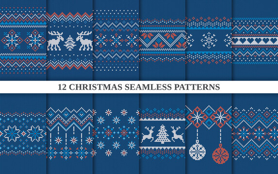 Knit seamless patterns. Christmas print. Set Xmas winter geometric background. Blue knitted sweater texture. Holiday fair isle traditional ornament. Festive crochet. Wool pullover. Vector illustration