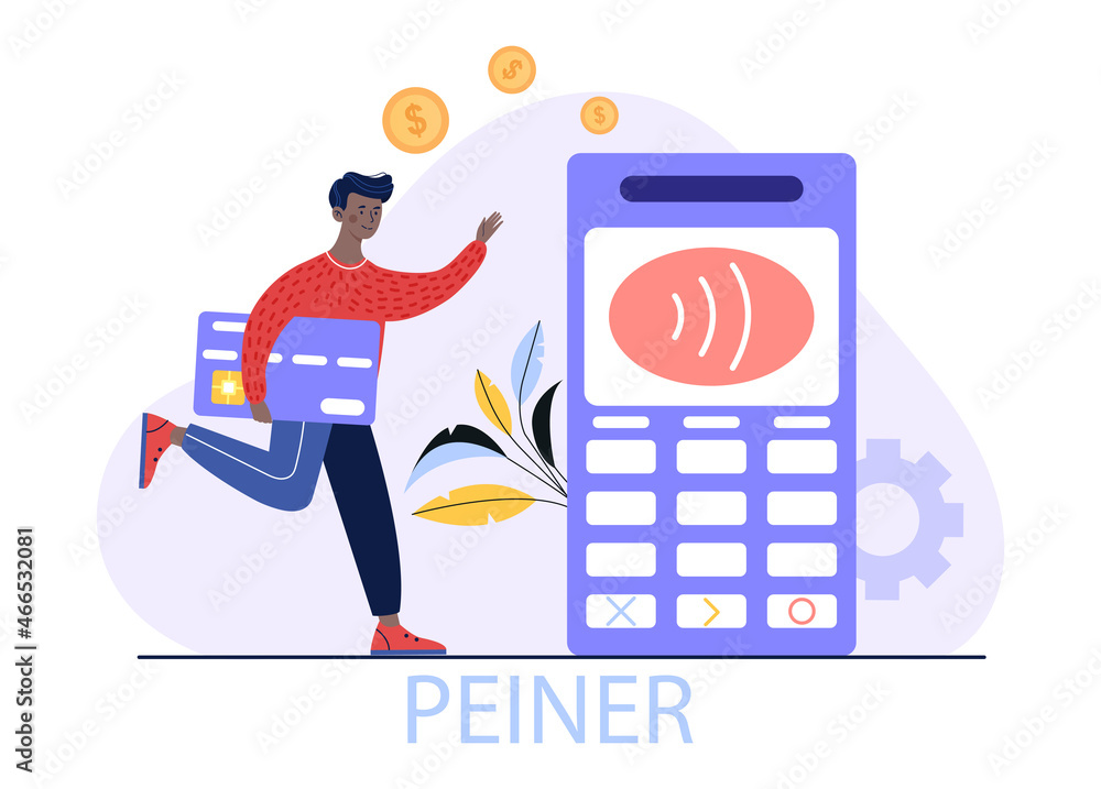 Poster concept of payment processing. man with credit card in his hands runs to terminal. cashless transfer