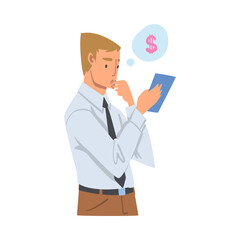 Pensive Man with Tablet PC Analyzing Financial Profit Growth and Evaluating Revenue and Expense Vector Illustration