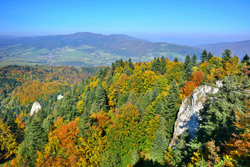 Beautiful aerial panoramic view of the Pieniny National Park, Poland in sunny autumn day from Three Crowns  Massif.