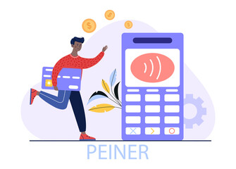 Concept of payment processing. Man with credit card in his hands runs to terminal. Cashless transfers, modern technologies, contactless operations, money, peiner. Cartoon flat vector illustration