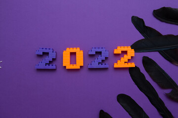 Numbers 2022 from children's designer, black feathers of a raven on a purple background.