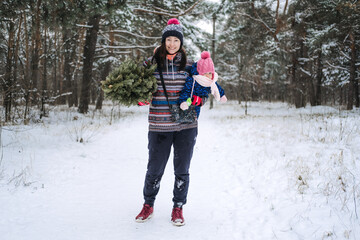 Fototapeta na wymiar Young woman, single mom and toddler baby girl carries Christmas tree in the winter park. Preparing for Christmas, picking, selecting Christmas tree.
