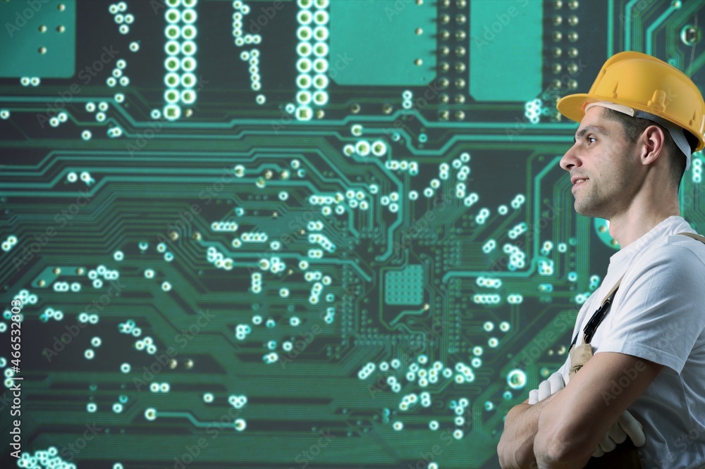 Poster digital world smart city, engineer working with digital technology on a background