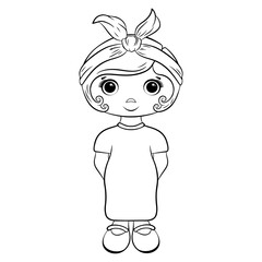 Cute cartoon girl in dress. Vector illustration, isolated on white background. Coloring book page.