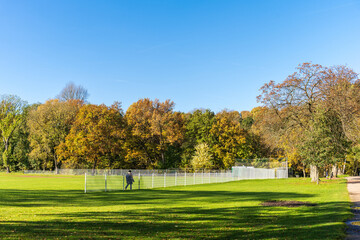 Fototapeta na wymiar Parkanlage Moorteichwiese in Kiel mit Vegetation in bunten Herbstfarben