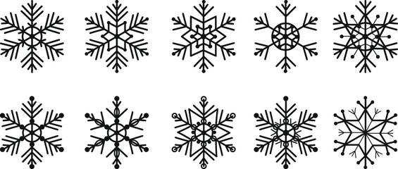 Vector set of snowflakes in linear style. Сollection of black snowflakes on white background