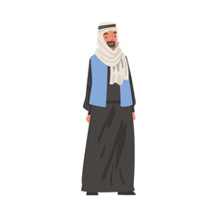 Obraz na płótnie Canvas Arab Bearded Man Standing in Traditional Muslim Dress and Long Flowing Garment Vector Illustration