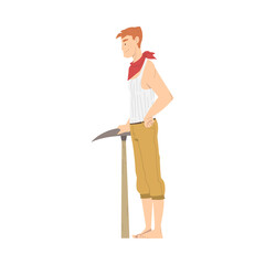 Man Archaeologist with Pickaxe Working on Excavations in Search of Archaeological Remains Vector Illustration