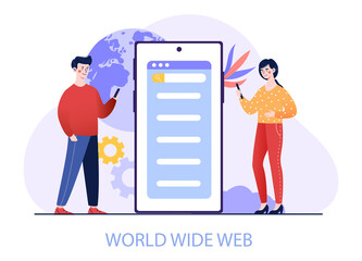 Global web connection concept. Man and girl standing near large smartphone. Chatting in Internet. Search engines, modern technologies, phone. Wireless connection. Cartoon flat vector illustration