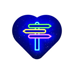 Signpost icon in neon colorful heart. Realistic neon redirect icon. Road side icon in neon heart. Isolated On White Background.