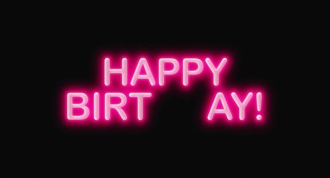 Happy birthday bright neon glow blinking inscription with exclamation mark motion design animation