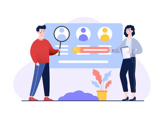 Business intelligence dashboard. Man and girl analyzing information. Employees looking at profiles. Personages with magnifying glass look at screen, user, web. Cartoon flat vector illustration