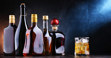Bottles of assorted alcoholic beverages.
