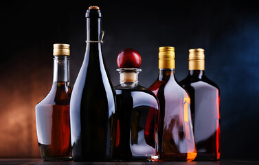 Bottles of assorted alcoholic beverages.