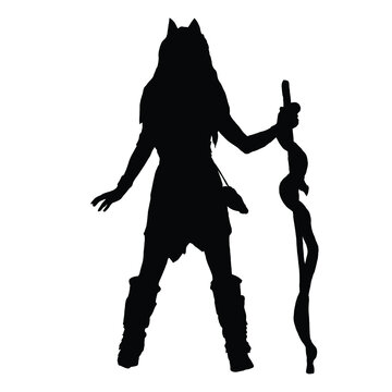 recommend clip art: vector drawing of a black silhouette on a white background of a beautiful girl with long hair. she has a staff in her hand . she's wearing iron armor and boots. 2d art