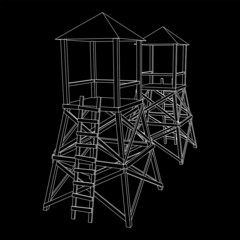 Watchtower or observation tower for hunters. Wireframe low poly mesh vector illustration.