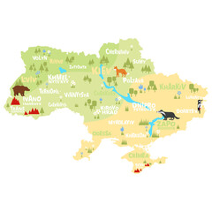 Ukraine map of forests and animals with big cities, for school and children. Vector illustration.