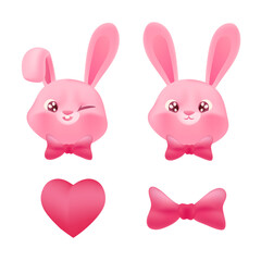 Cute cartoon lovely rabbit with pink heart, set illustration.