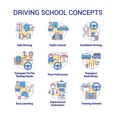 Driving school concept icons set. Car riding education idea thin line color illustrations. Learning road signs and rules. Drivers license. Vector isolated outline drawings. Editable stroke