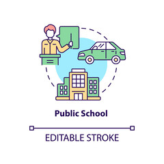 Public school concept icon. Driving education for teens abstract idea thin line illustration. Car operating course for high school pupils. Vector isolated outline color drawing. Editable stroke