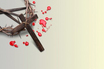 Christian cross made with rusty nails, drops of blood. Jesus Christ Crucifixion.
