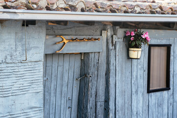 Facade of a rustic blue wooden house in the countryside with a hanging flower pot.
