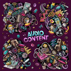 Audio content cartoon vector doodle designs set.
