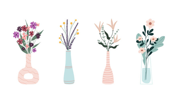 Set of bright spring blooming flowers in vases and bottles isolated on a white background. A bunch of bouquets. Set of decorative floral design elements. Cartoon flat vector illustration.