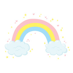 Cute vector illustration with rainbow, clouds, hearts and stars isolated on white background. Baby design for birthday invitation or baby shower, nursery poster, print, t-shirt, cover and postcard.