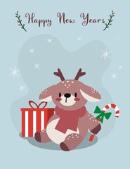 Christmas card with deer and gfits on the snow. Cute kawaii characters isolated on light blue background in flat style. EPS. Vector illustration.