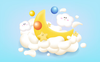 Cute background. clouds, yellow crescent moon, and stars. 3d rendering picture.