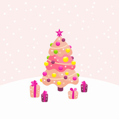 Pink christmas tree with balls and gifts. Christmas tree in a meadow with gifts. Cute christmas card with a pink tree.