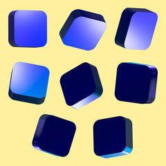 Set 3D of button blue and light blue cubes, squares, isolated. 3d buttons, for sites, internet, pages. Different light, perspective and angle. Vector illustration. Isolated on gray background.