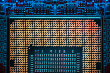 Close-up of a modern new generation microchip based on nanometer technology, transistor and electronic equipment processor. IT technologies in programming, the basis for the text