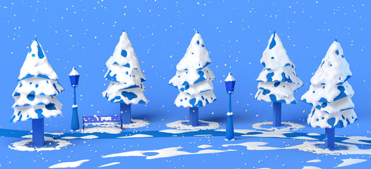 Park on a winter day with snow falling on benches and trees. Copy space. 3D illustration.