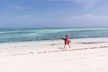 Paseando,  Playa paradisiaca soleada, agua cristalina, palmeras verdes y cielo azul