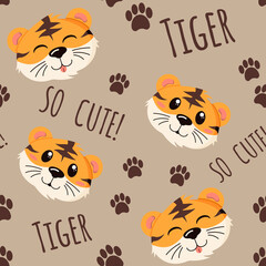 Seamless pattern with happy Chines tiger, asian new year, wild animal in a flat style isolated on a beige background. . Vector illustration