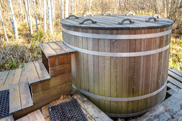 A large wooden barrel for bathing