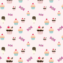 Sweets Seamless Pattern on a pink background with chocolate, vanilla cupcakes and muffins and candy. Girly, subtly colors. Colorful. Wrap, textile, birthday, celebration decoration. 