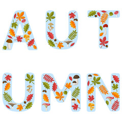 The word AUTUMN consists of letters with autumn leaves