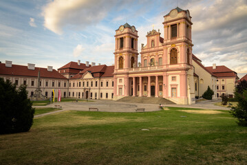 Obraz premium Benedictine monastery of Goettweig Abbey at sunset, 11th century and rebuilt in the 18th century with baroque architecture, World Heritage Site, Furth bei Göttweig, Lower Austria,