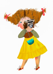 a girl in a yellow skirt with a camera
